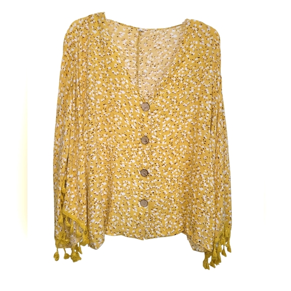 XL Cotton Blend Button Down Chic Mustard Floral Blouse with Tassel Details - Picture 2 of 5